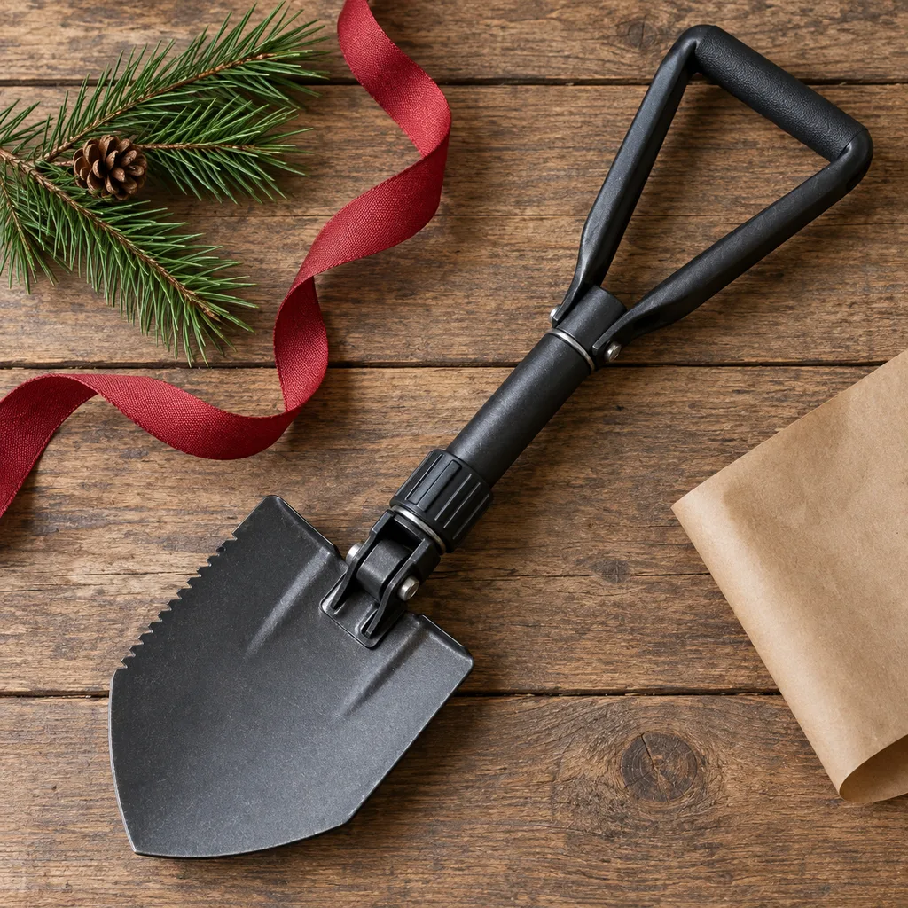 Representative photo-style image of durable folding camping shovel — generated, not a specific product