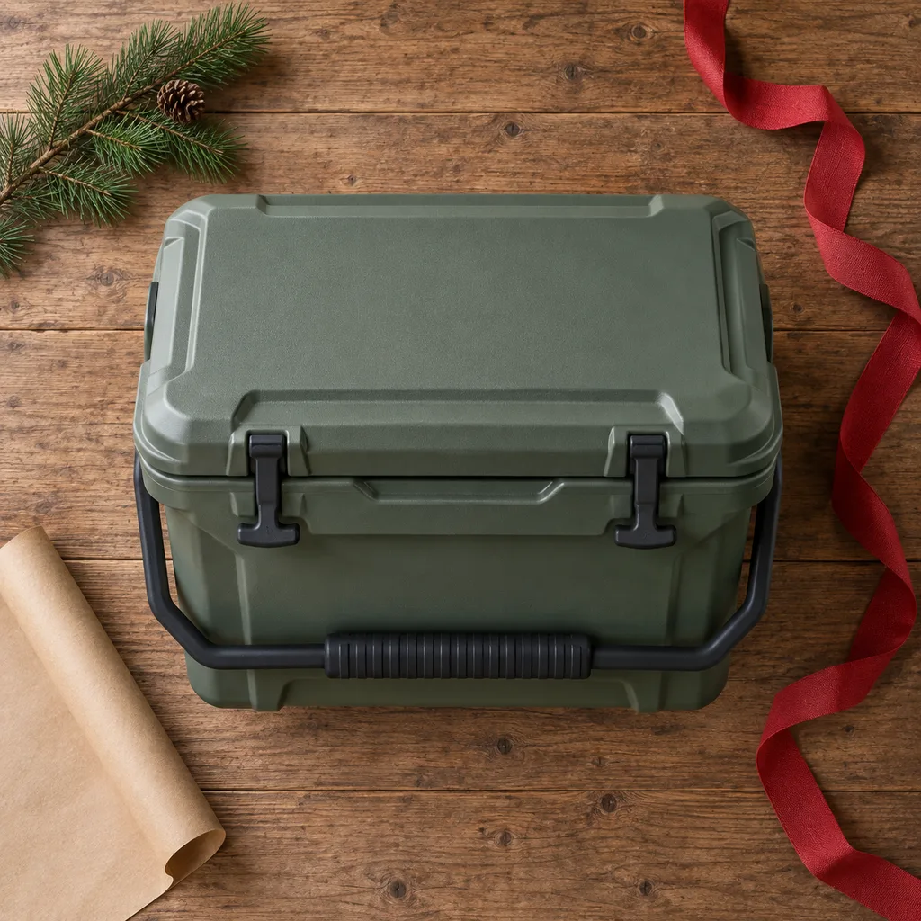 Representative photo-style image of durable hard-sided outdoor cooler — generated, not a specific product