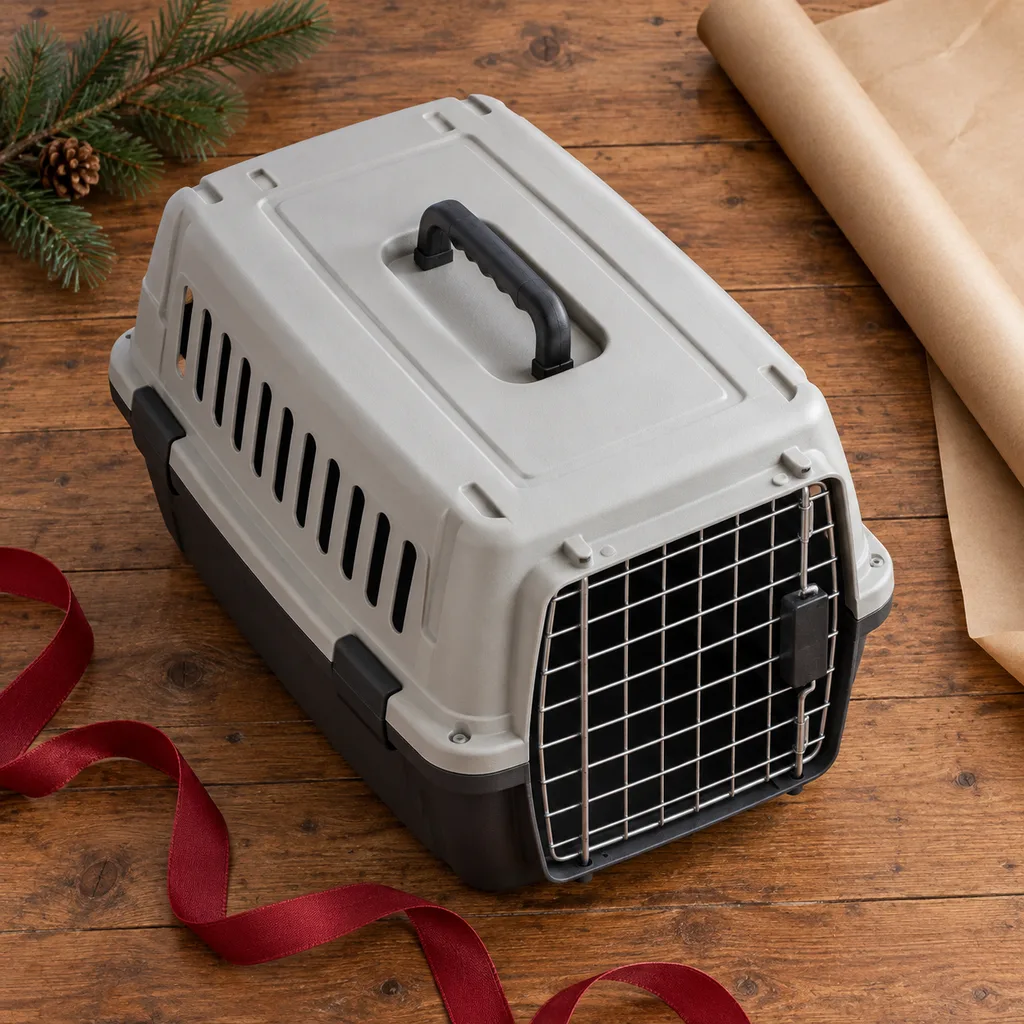 Representative photo-style image of durable hard-sided pet crate — generated, not a specific product
