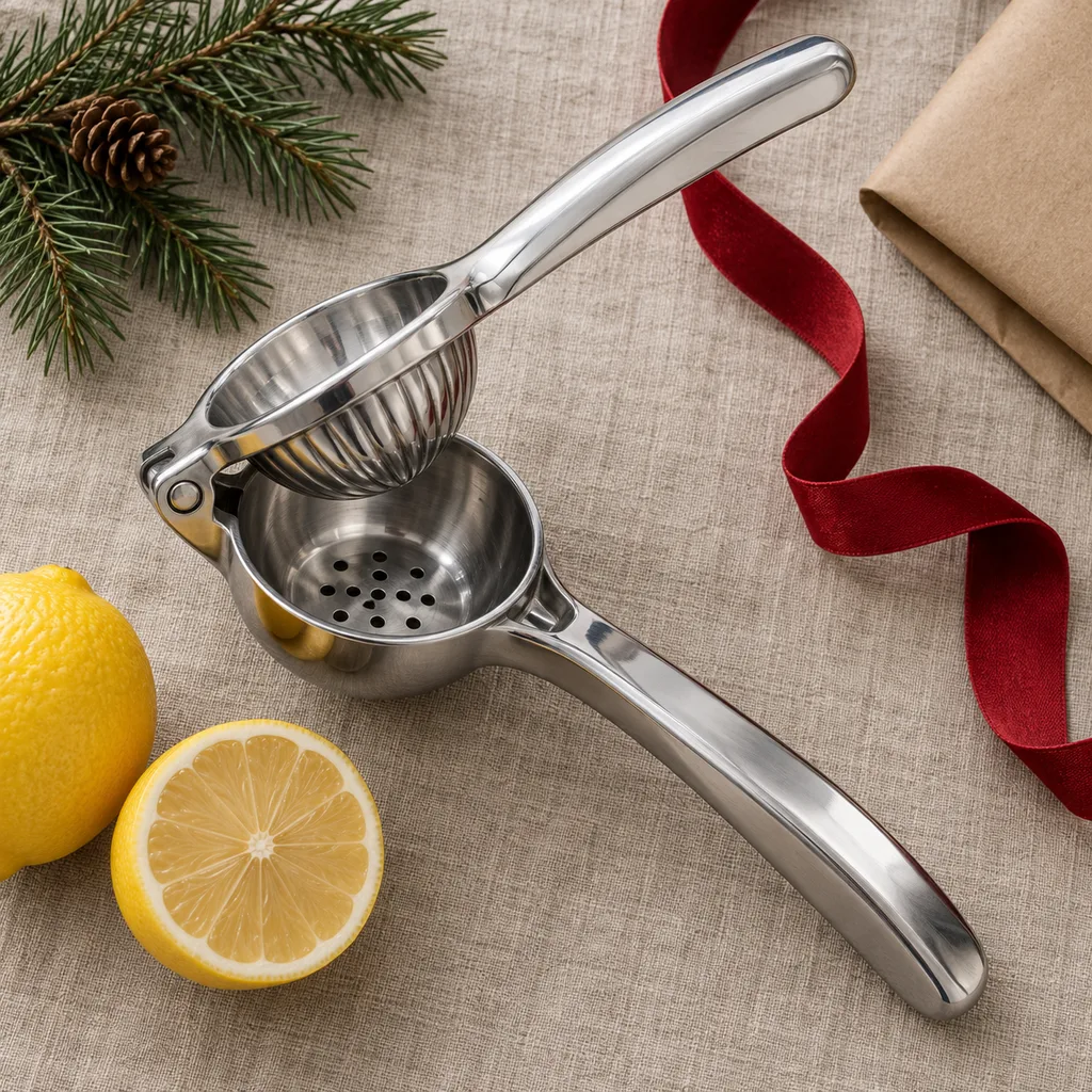 Representative photo-style image of durable manual hand press juicer — generated, not a specific product