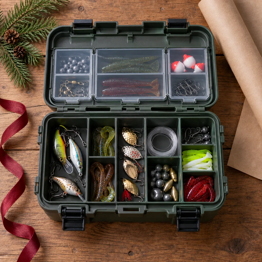 Representative photo-style image of durable multi-compartment tackle box — generated, not a specific product