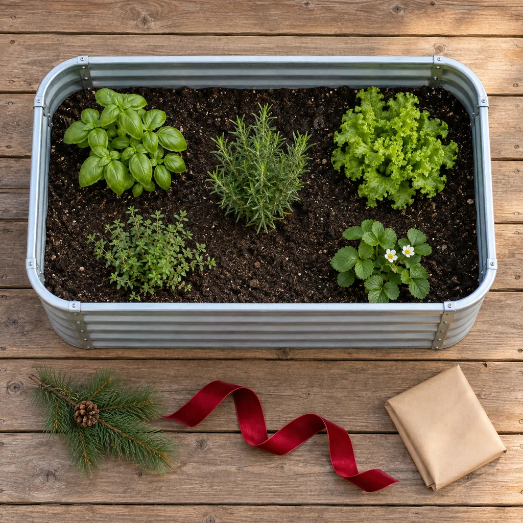 Representative photo-style image of durable raised garden beds — generated, not a specific product