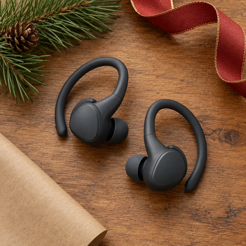Representative photo-style image of durable sports earbuds with secure fit — generated, not a specific product