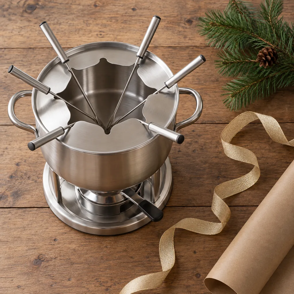 Representative photo-style image of durable stainless steel fondue pot — generated, not a specific product