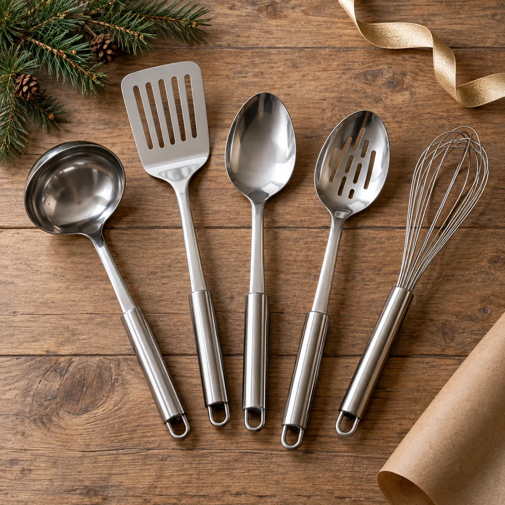 Representative photo-style image of stainless steel utensils — generated, not a specific product