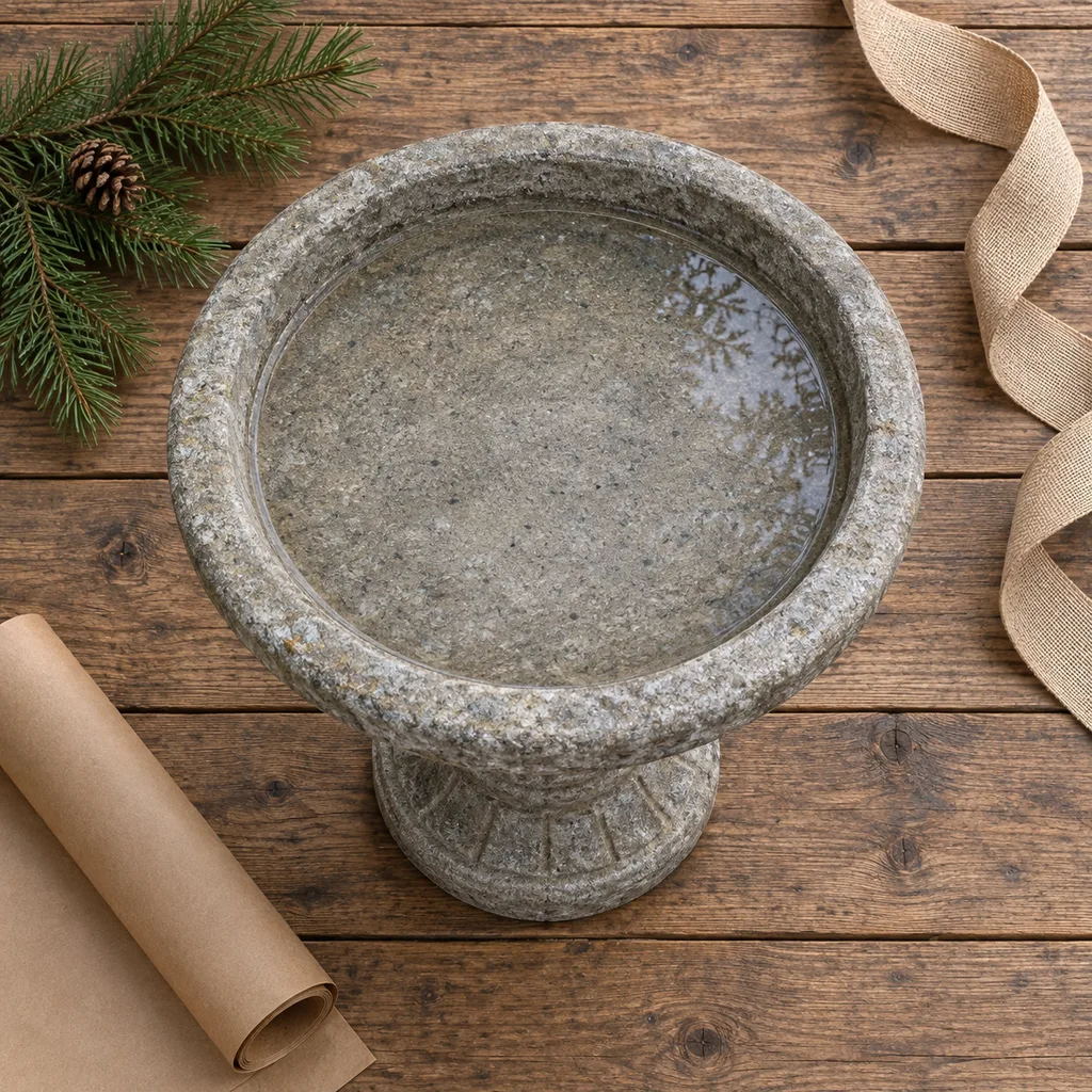 Representative photo-style image of durable stone-look bird bath — generated, not a specific product