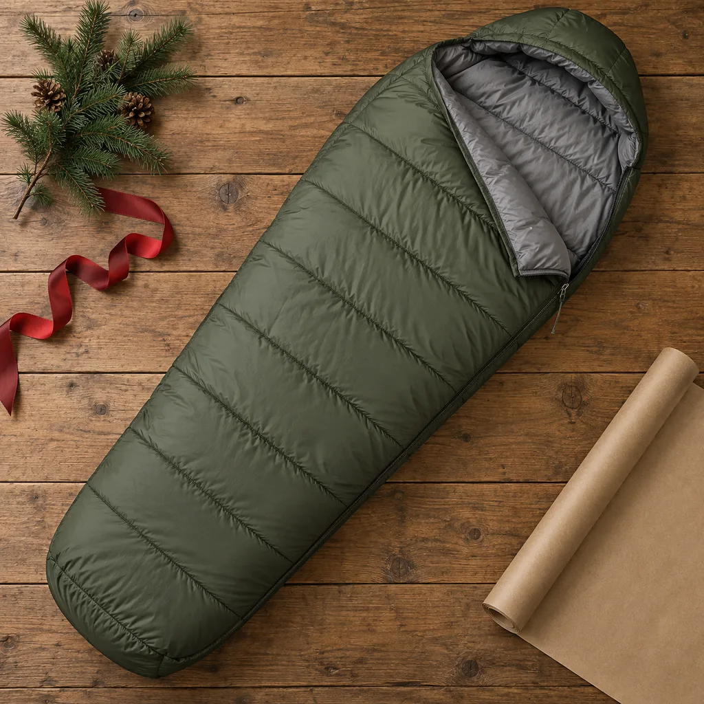 Representative photo-style image of durable synthetic fill sleeping bag — generated, not a specific product