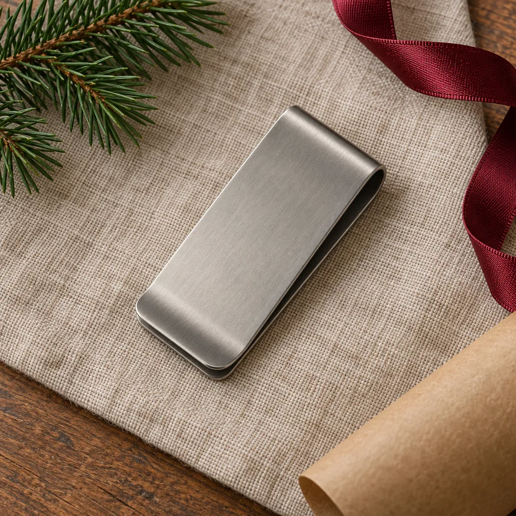 Representative photo-style image of durable titanium alloy money clip — generated, not a specific product