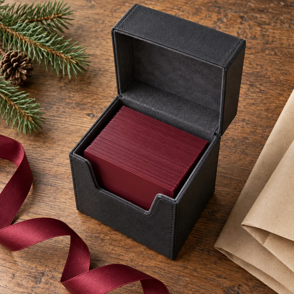 Representative photo-style image of durable trading card deck box — generated, not a specific product