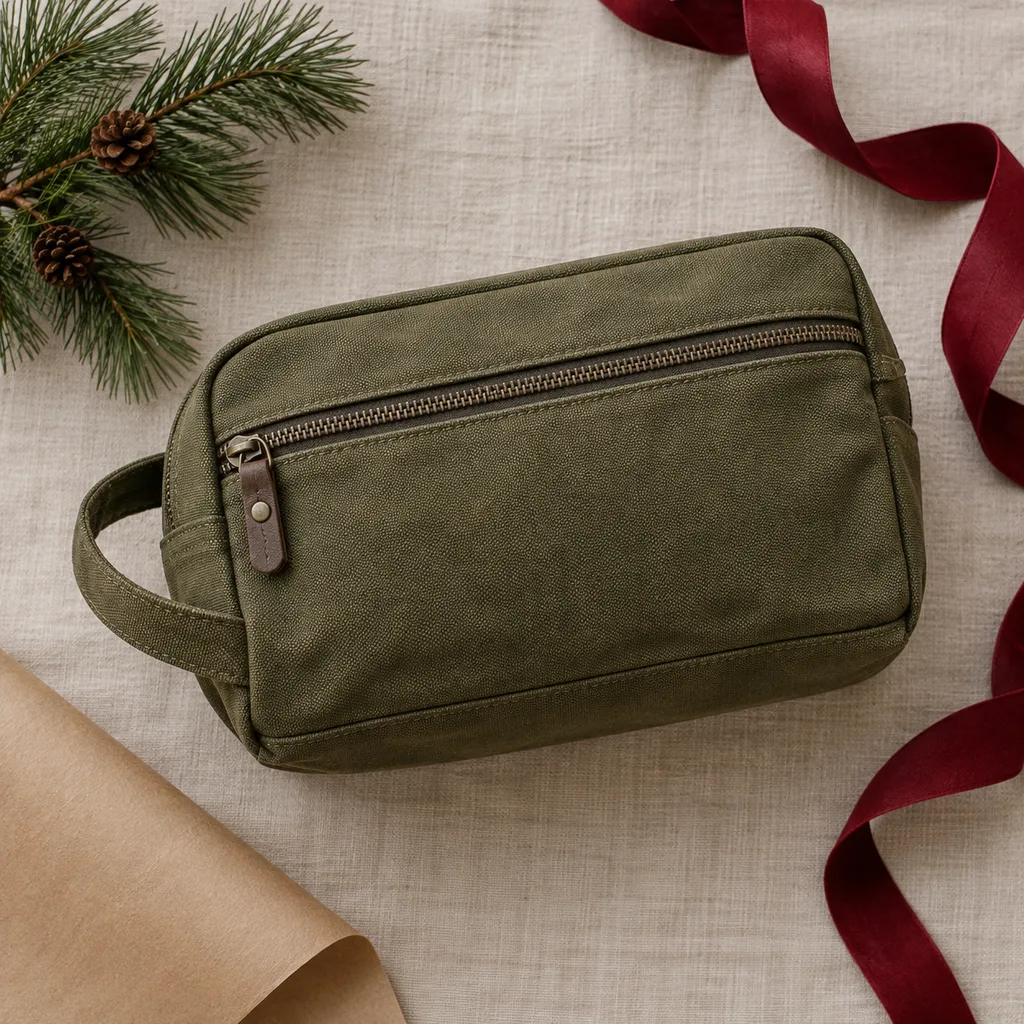Representative photo-style image of durable travel toiletry bag — generated, not a specific product