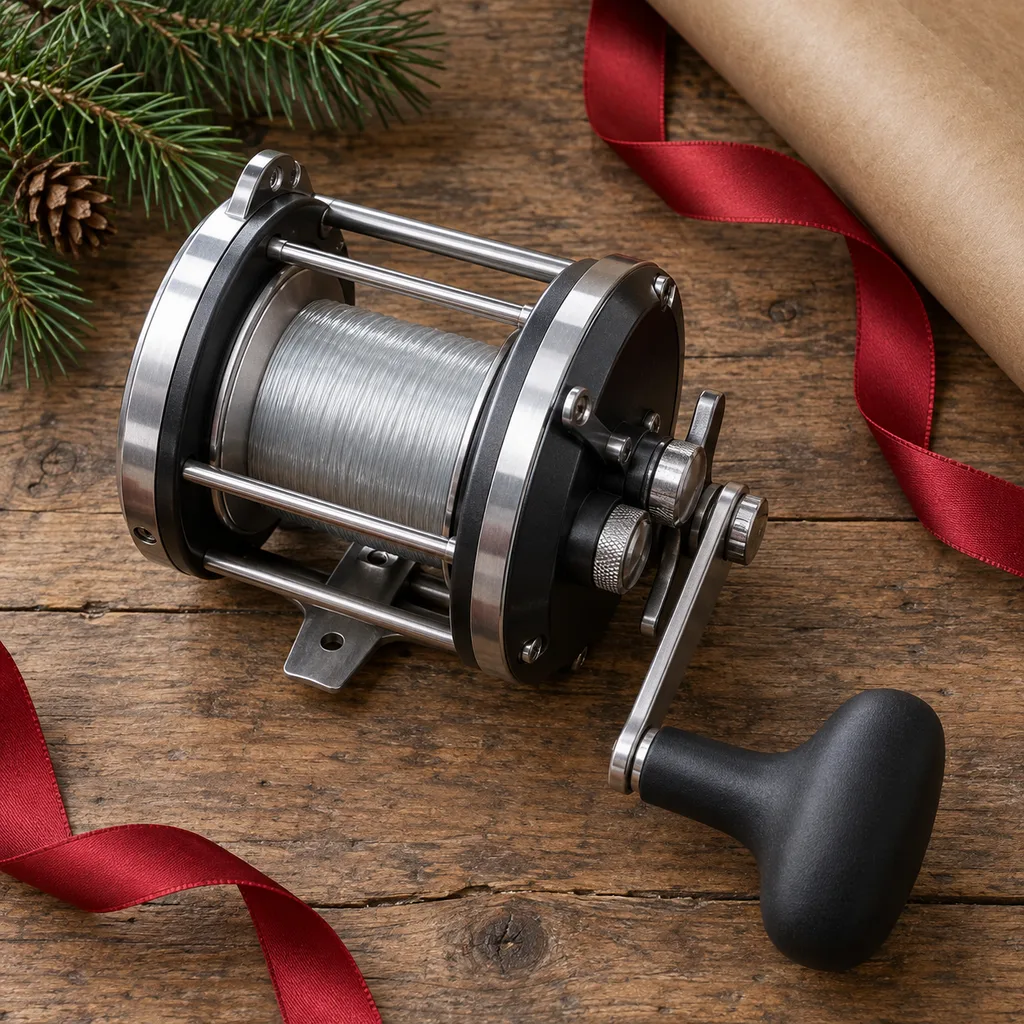 Representative photo-style image of durable trolling fishing reel — generated, not a specific product