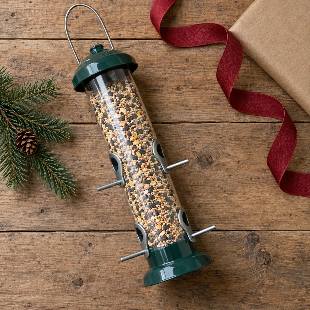 Representative photo-style image of durable tube style wild bird feeder — generated, not a specific product