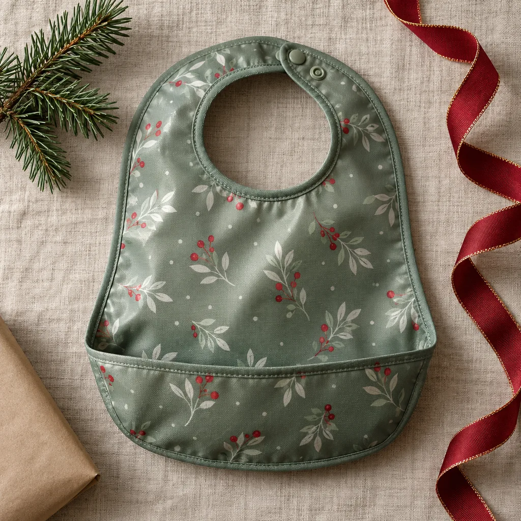 Representative photo-style image of durable waterproof fabric bib with pocket — generated, not a specific product