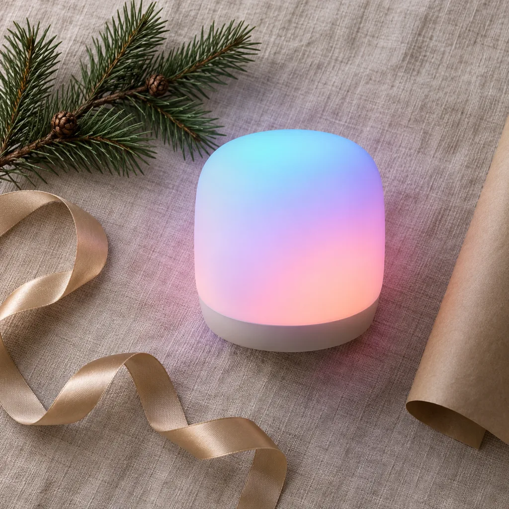 Representative photo-style image of dynamic color-changing mood lamp — generated, not a specific product