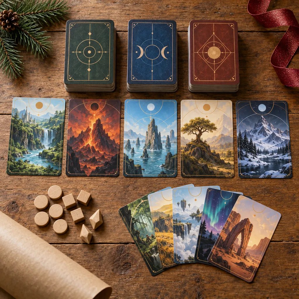 Representative photo-style image of dynamic deck-building game — generated, not a specific product