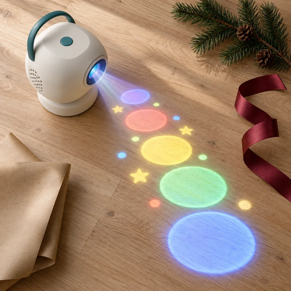 Representative photo-style image of dynamic floor game projector — generated, not a specific product