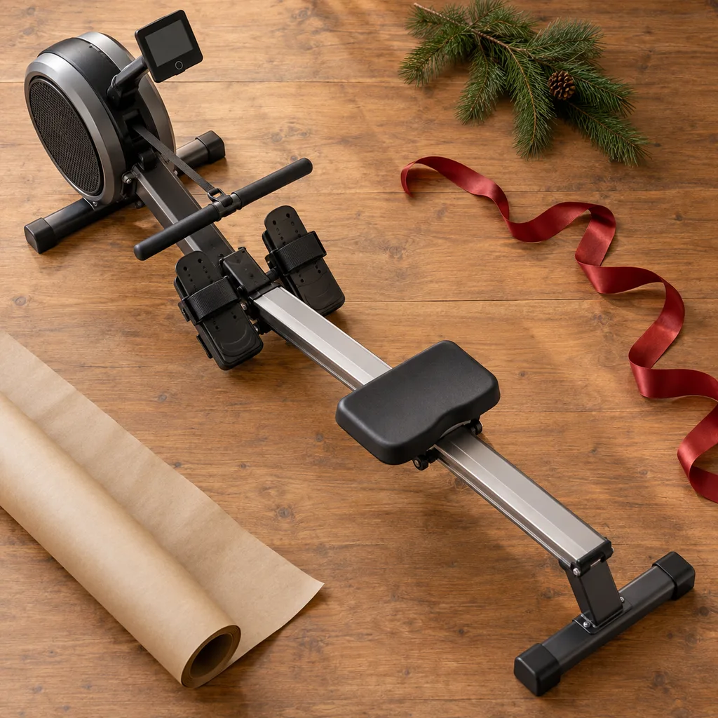 Representative photo-style image of dynamic rowing exercise machine — generated, not a specific product
