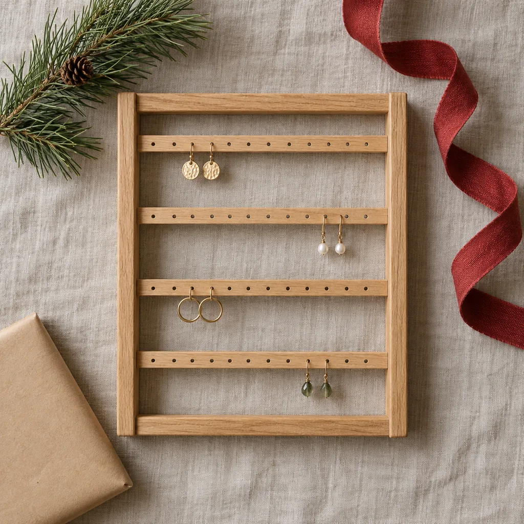 Representative photo-style image of earring display rack — generated, not a specific product