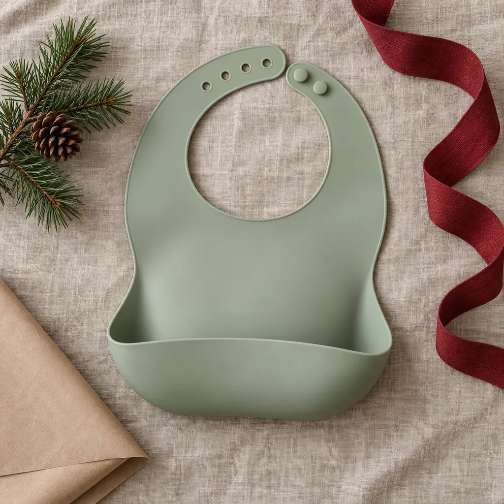 Representative photo-style image of easy-clean silicone feeding bib — generated, not a specific product