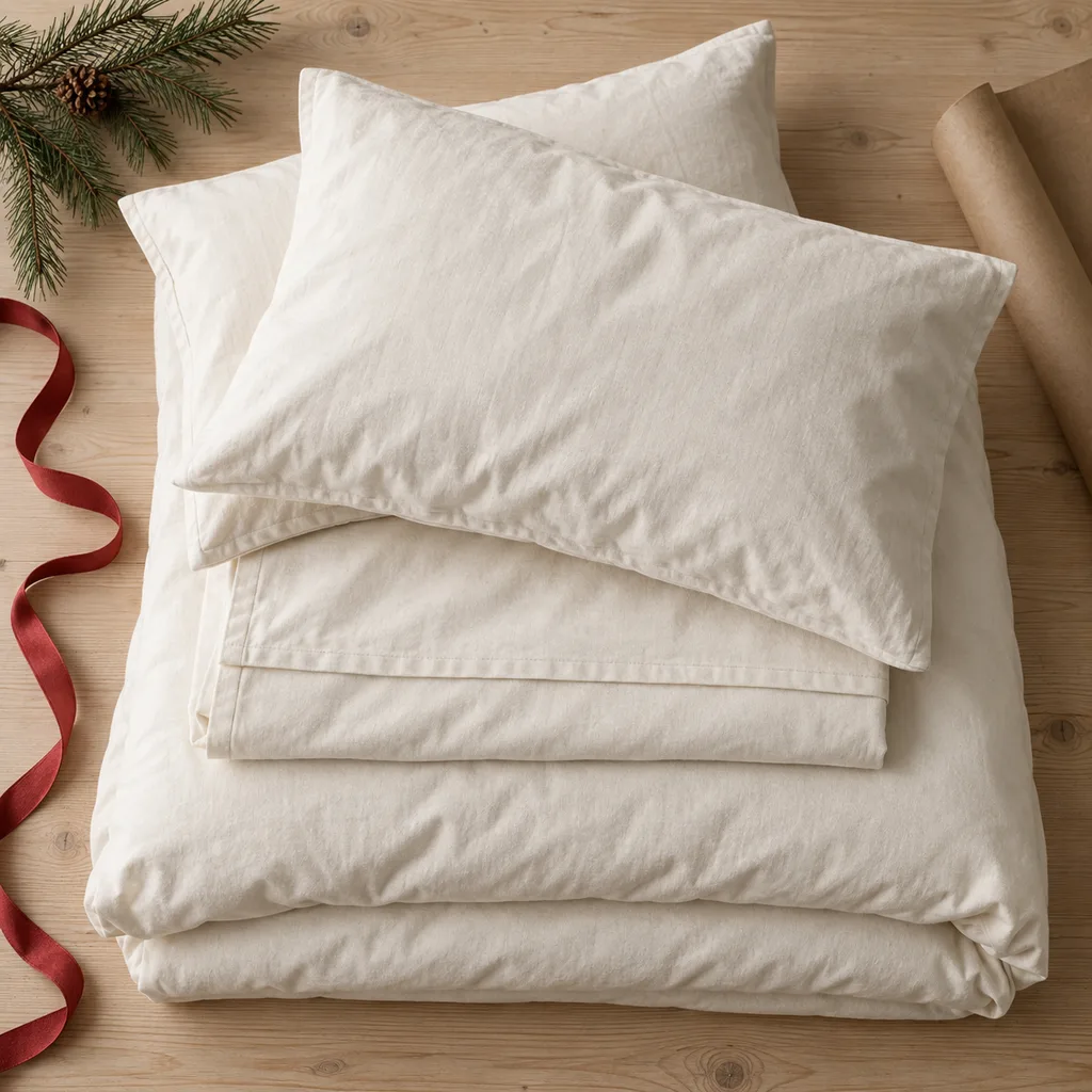 Representative photo-style image of eco-friendly organic cotton bedding set — generated, not a specific product