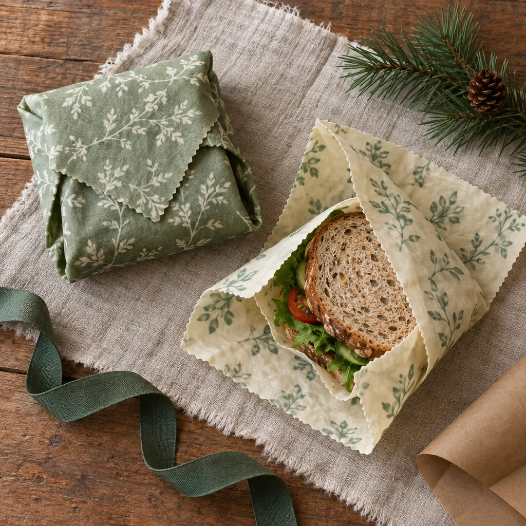 Representative photo-style image of eco-friendly reusable sandwich wraps — generated, not a specific product