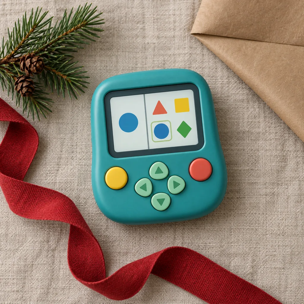 Representative photo-style image of educational handheld game — generated, not a specific product