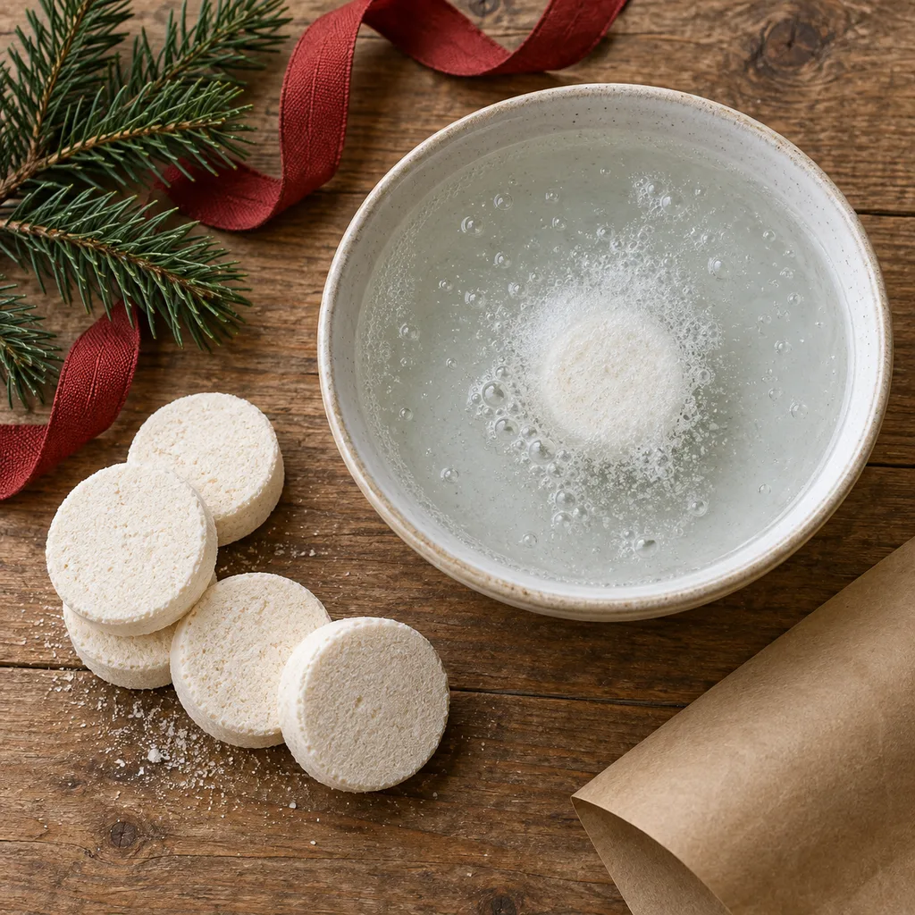 Representative photo-style image of effervescent fizzing foot soak tablets — generated, not a specific product