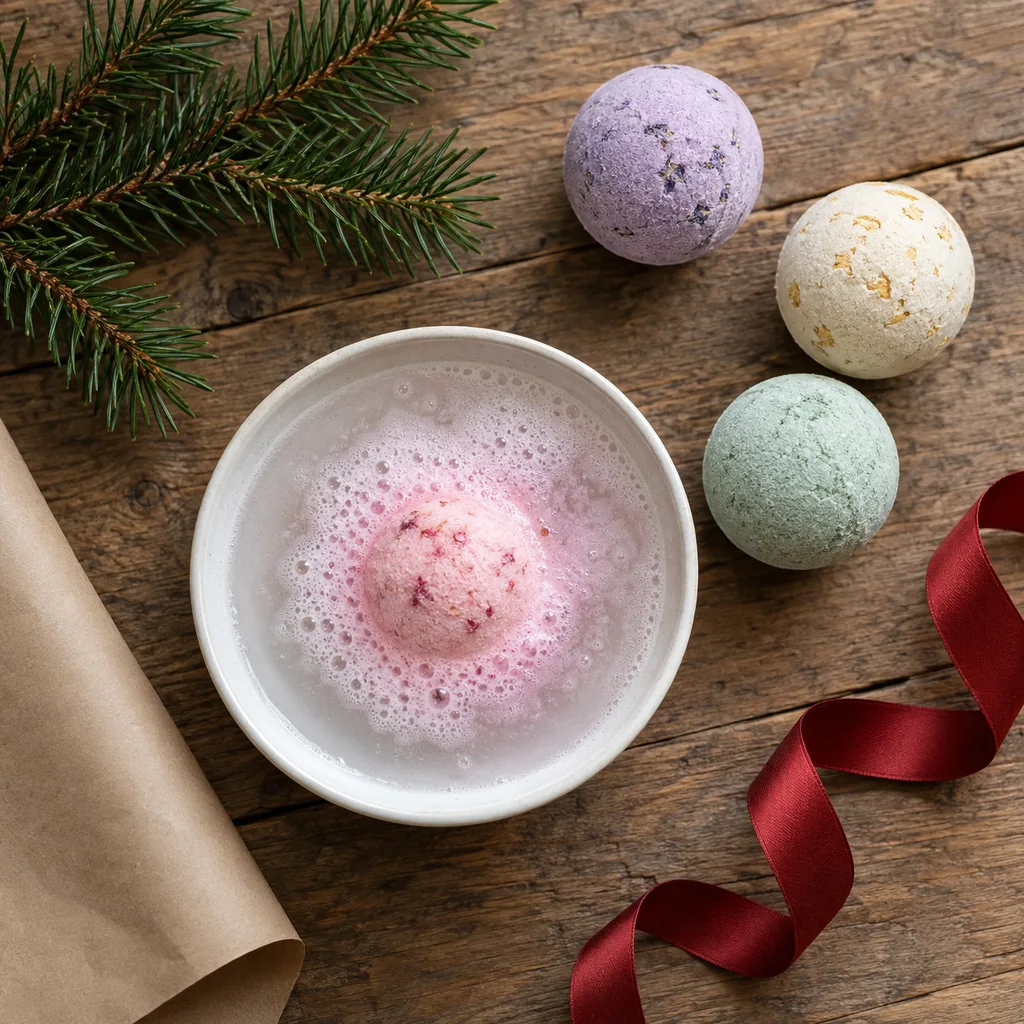 Representative photo-style image of effervescent foaming bath bombs — generated, not a specific product