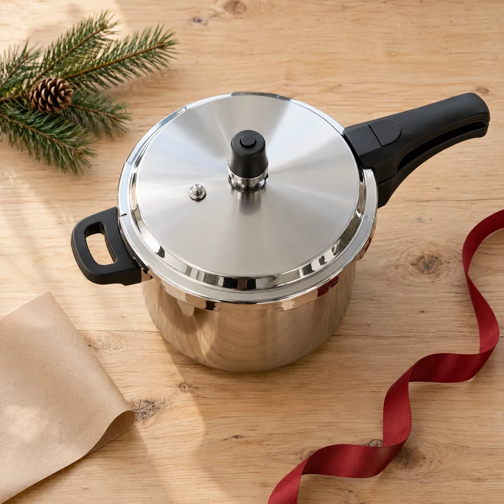 Representative photo-style image of efficient modern pressure cooker — generated, not a specific product