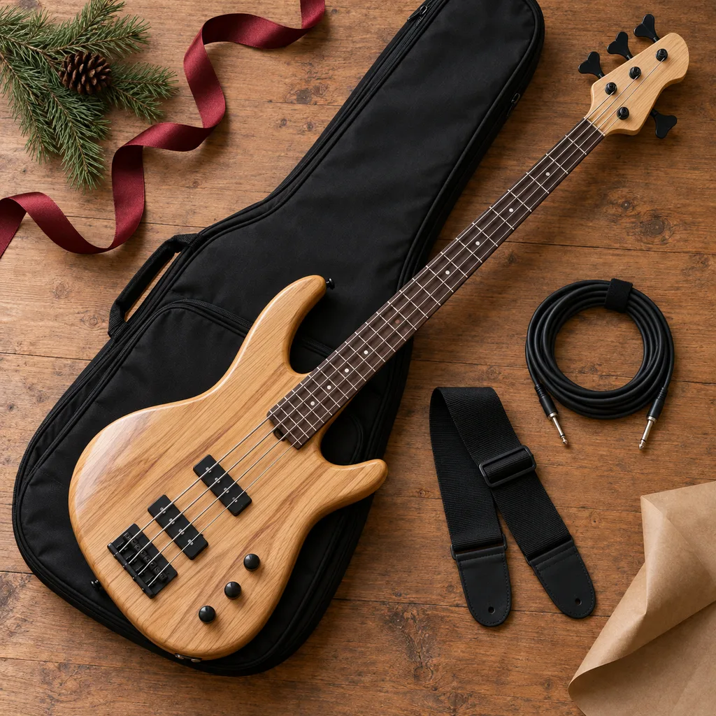 Representative photo-style image of electric bass guitar package — generated, not a specific product