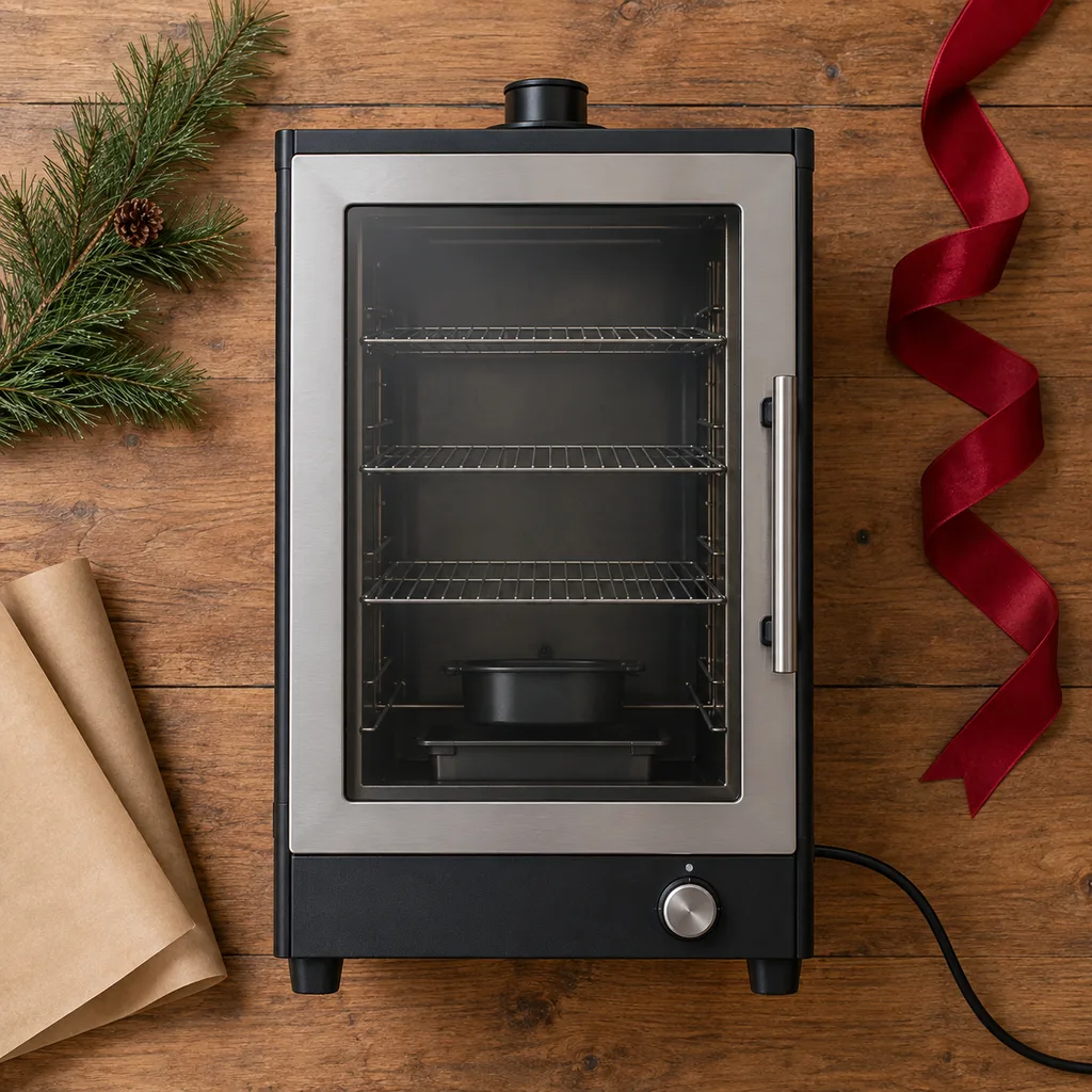 Representative photo-style image of electric cabinet food smoker — generated, not a specific product