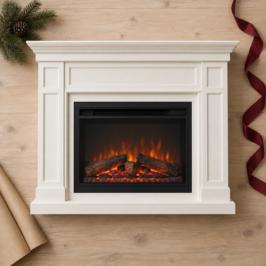 Representative photo-style image of electric fireplace mantel package — generated, not a specific product