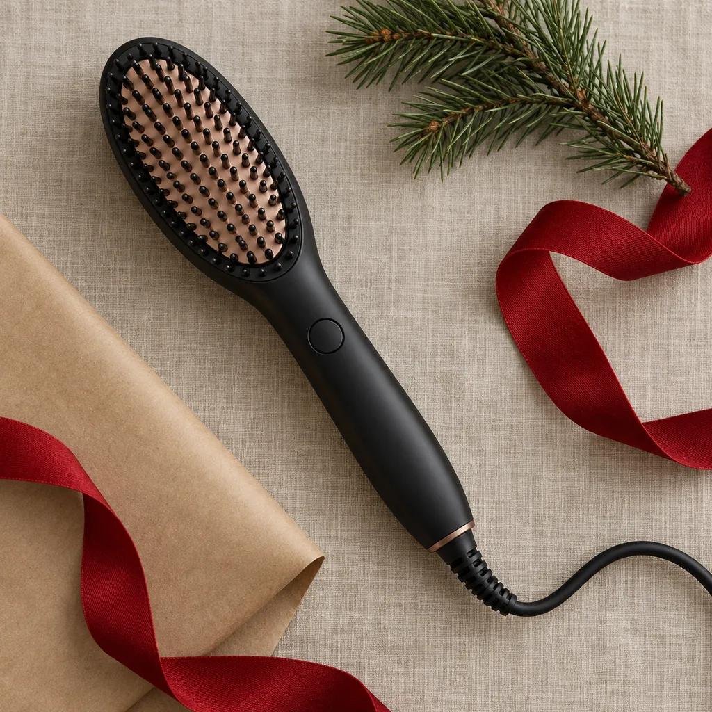 Representative photo-style image of electric hair straightening brush — generated, not a specific product