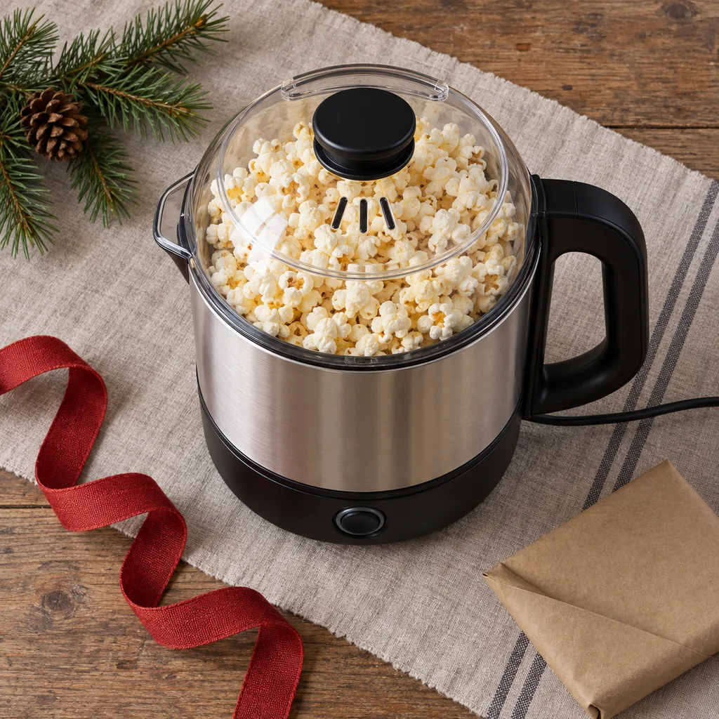 Representative photo-style image of electric kettle style popcorn machine — generated, not a specific product