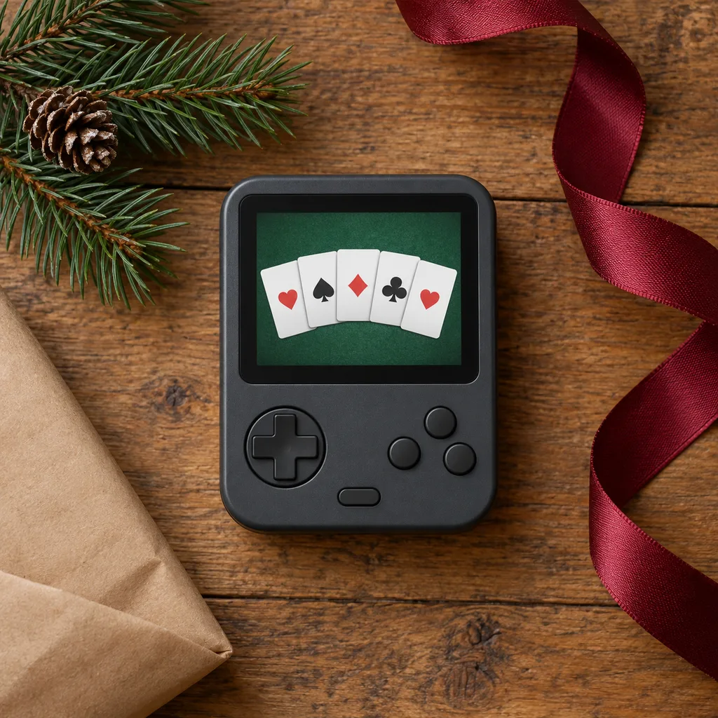 Representative photo-style image of electronic card game device — generated, not a specific product