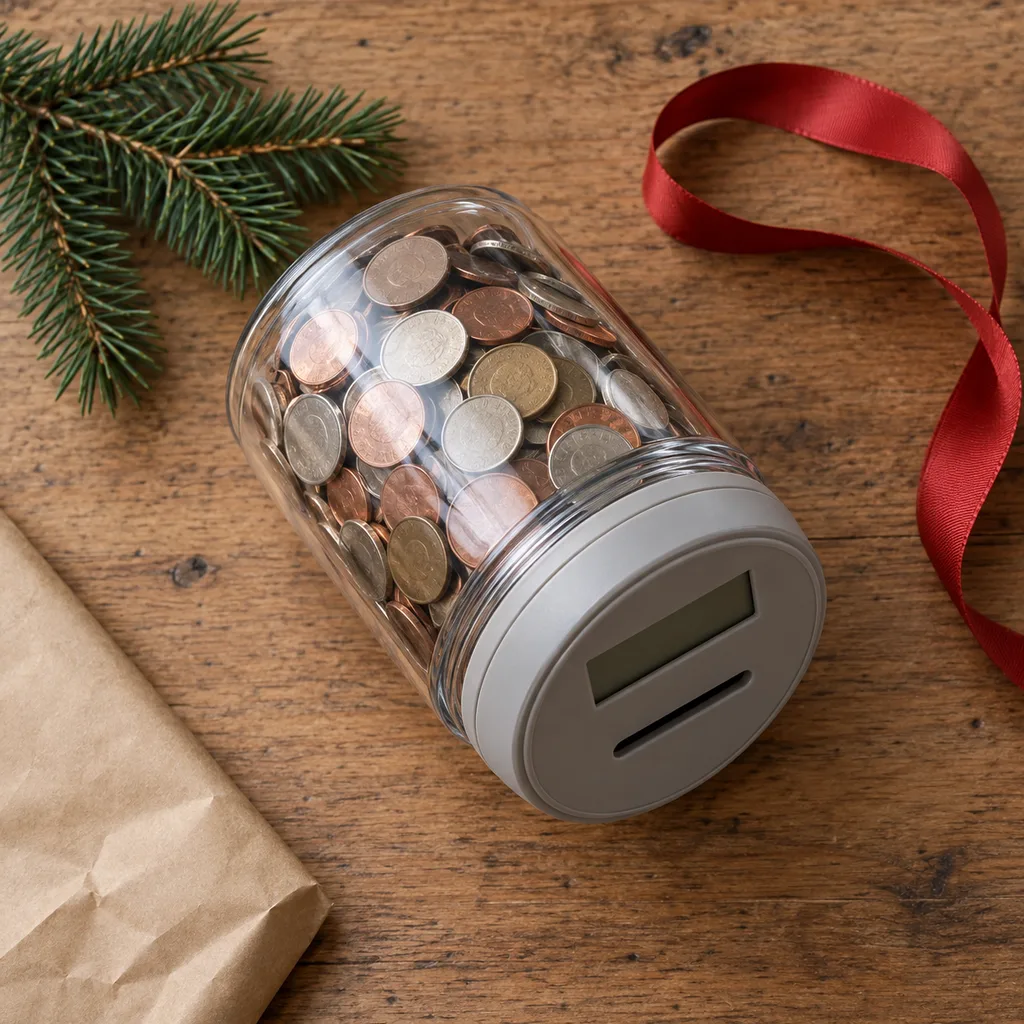 Representative photo-style image of electronic coin counting jar — generated, not a specific product