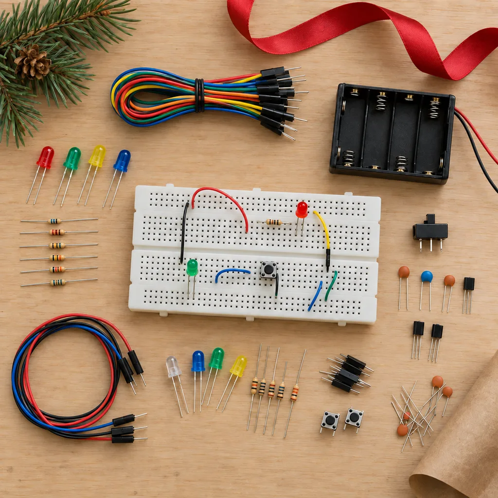 Representative photo-style image of electronics circuit building kit — generated, not a specific product