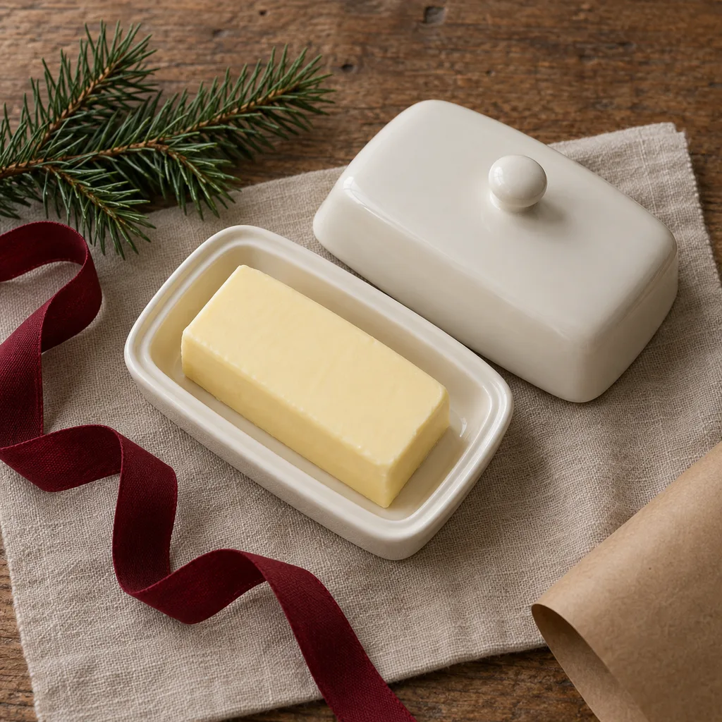 Representative photo-style image of elegant butter dish with lid — generated, not a specific product