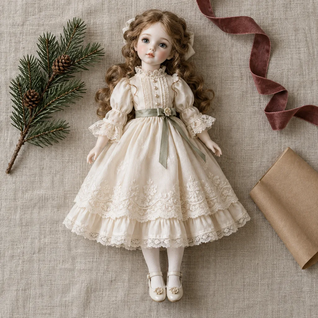 Representative photo-style image of elegant collectible display doll — generated, not a specific product