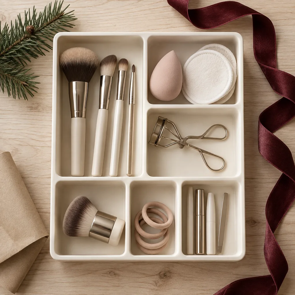 Representative photo-style image of elegant cosmetic storage organizer — generated, not a specific product