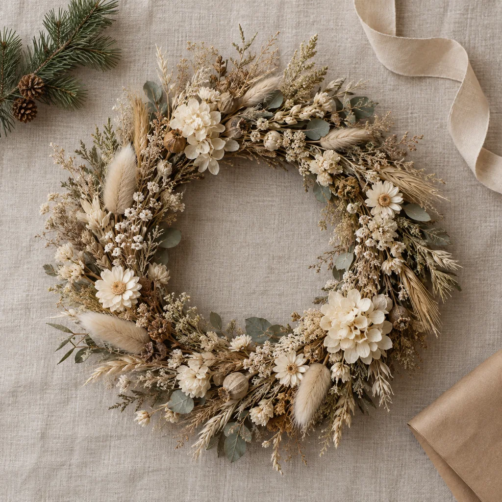 Representative photo-style image of elegant dried floral wreath — generated, not a specific product