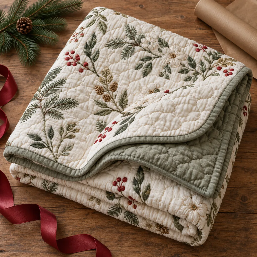 Representative photo-style image of elegant embroidered bed quilt — generated, not a specific product