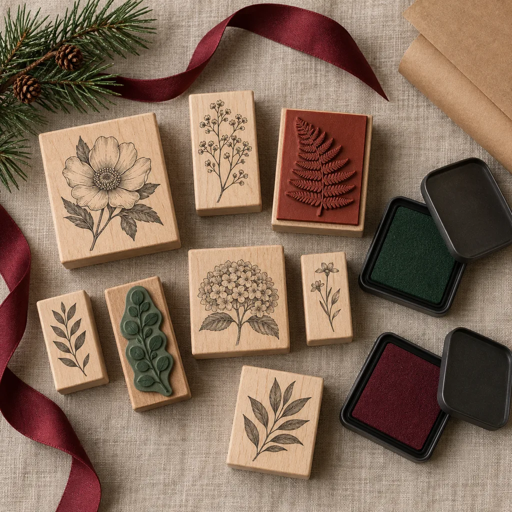 Representative photo-style image of elegant floral and botanical stamp kit — generated, not a specific product