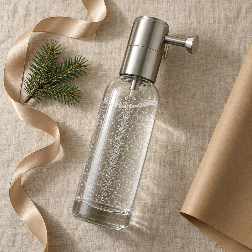 Representative photo-style image of elegant glass bottle carbonator — generated, not a specific product