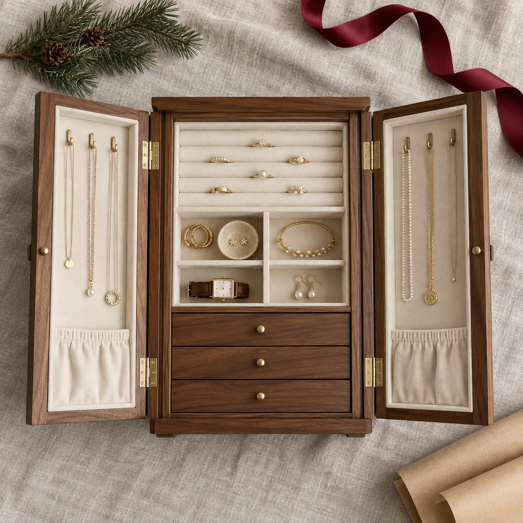 Representative photo-style image of elegant jewelry armoire cabinet — generated, not a specific product