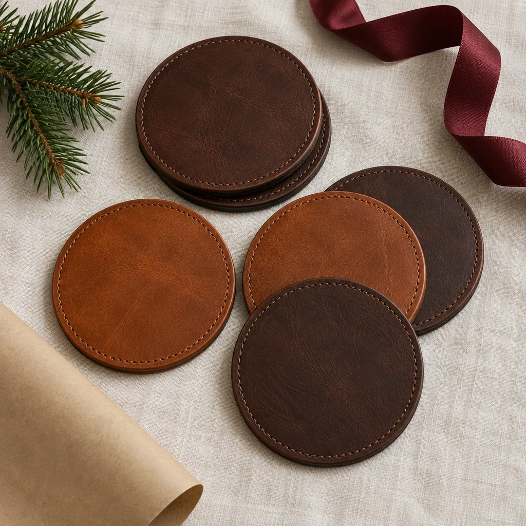 Representative photo-style image of elegant leather coaster collection — generated, not a specific product