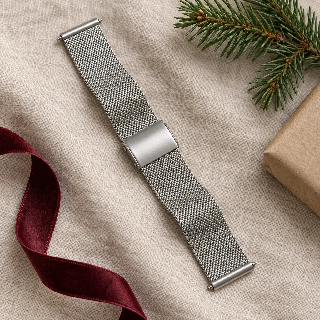 Representative photo-style image of elegant milanese mesh watch band — generated, not a specific product