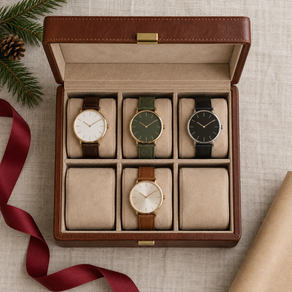 Representative photo-style image of elegant multi-watch storage box — generated, not a specific product
