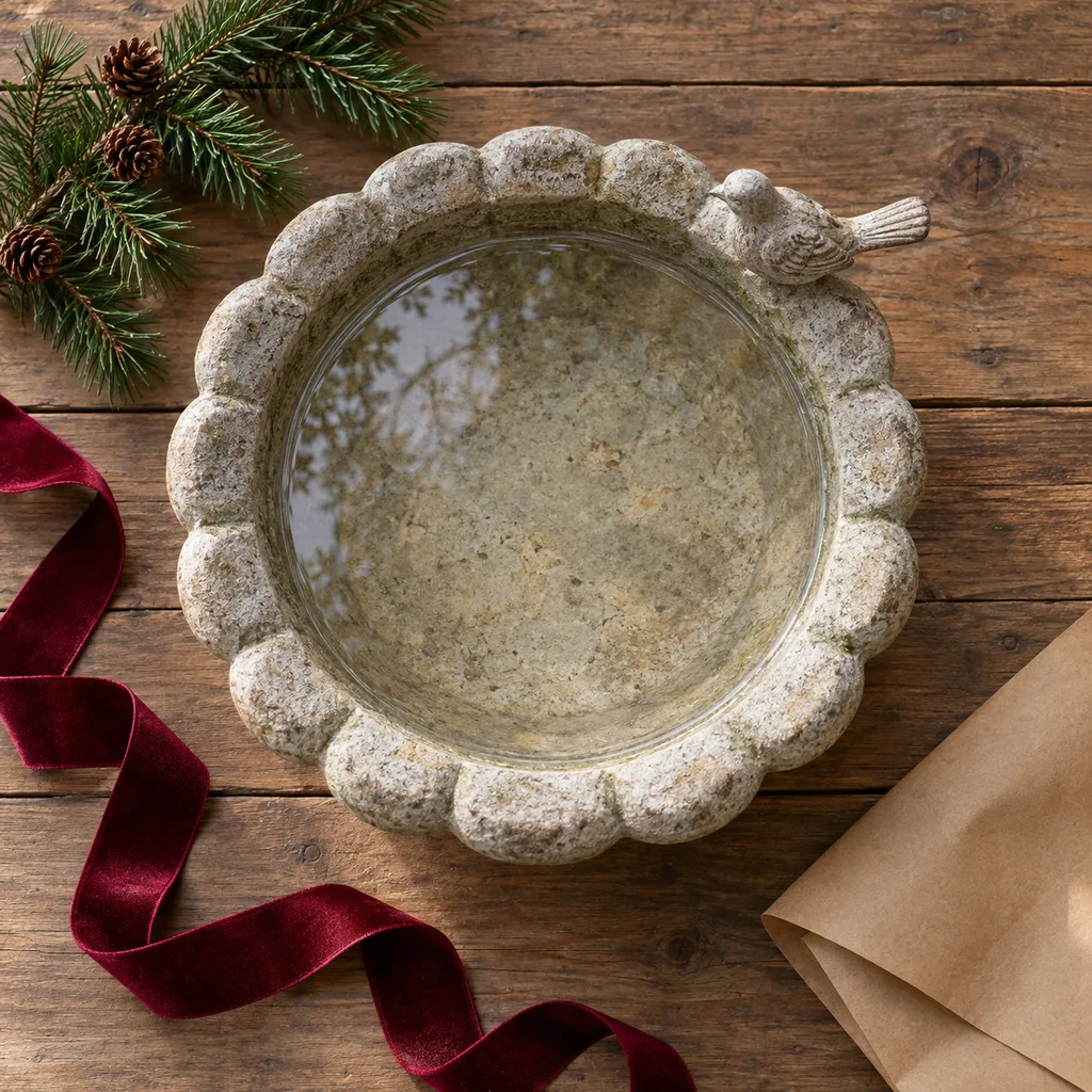 Representative photo-style image of elegant outdoor bird bath — generated, not a specific product