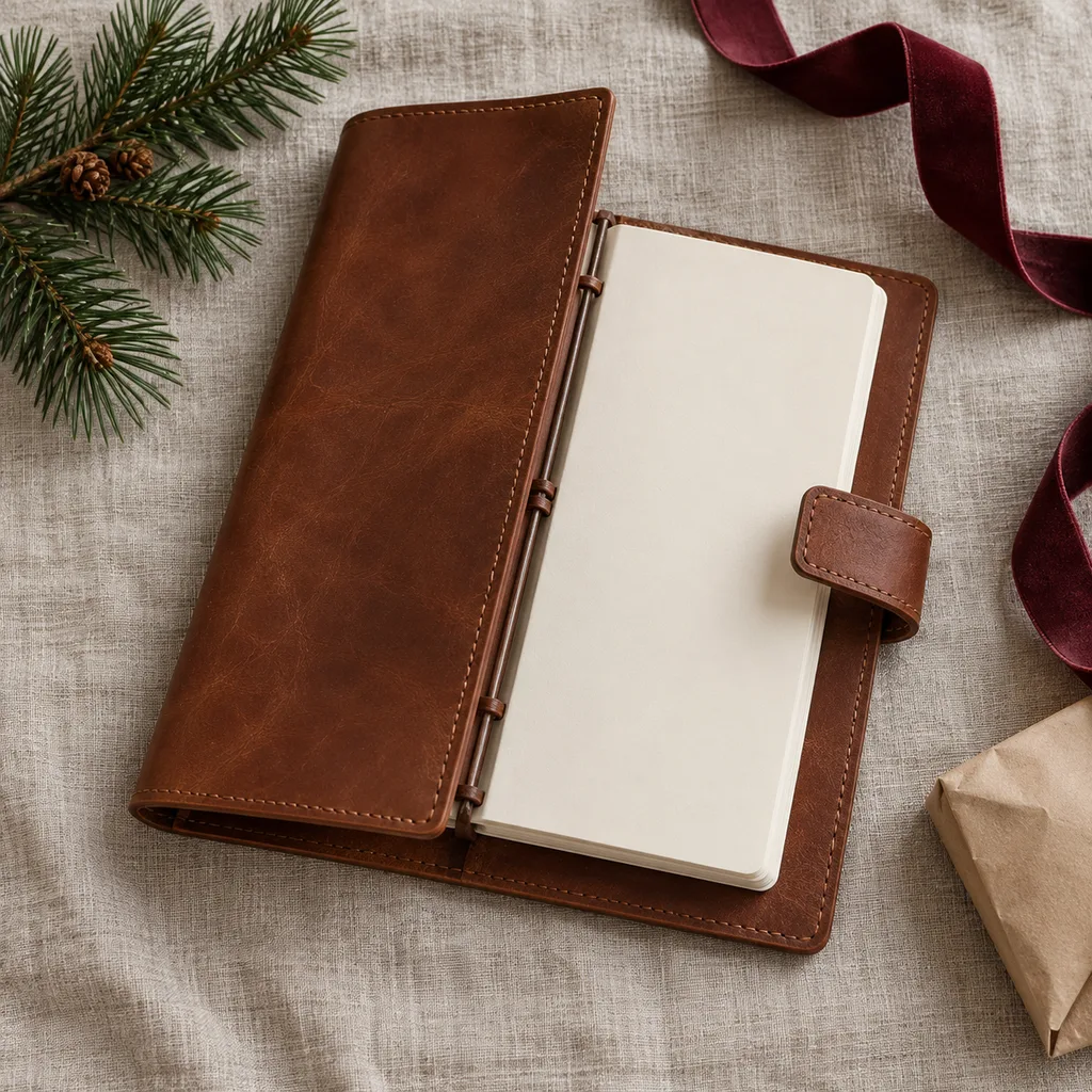 Representative photo-style image of elegant refillable leather journal — generated, not a specific product